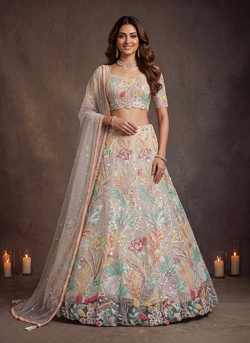 Off White Multicoloured Embroidered Lehenga Choli