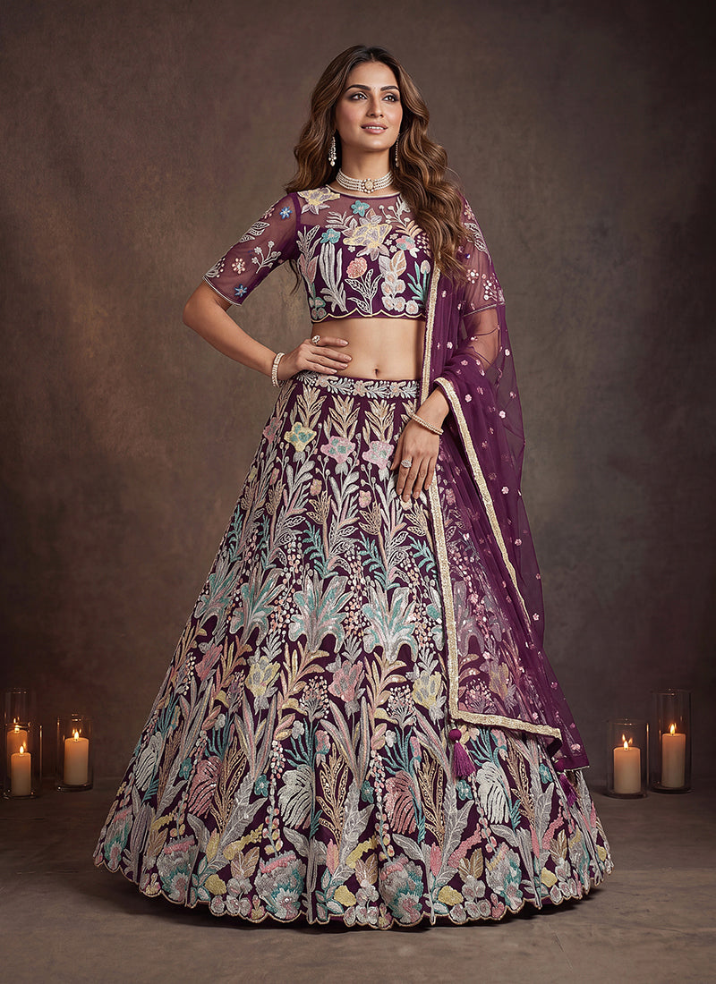 Wine Multicoloured Embroidered Lehenga Choli