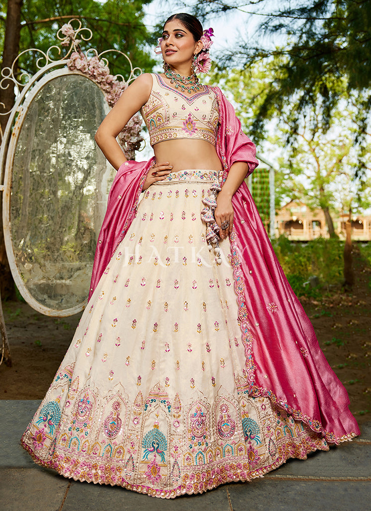 Buy Cream And Pink Lehengas