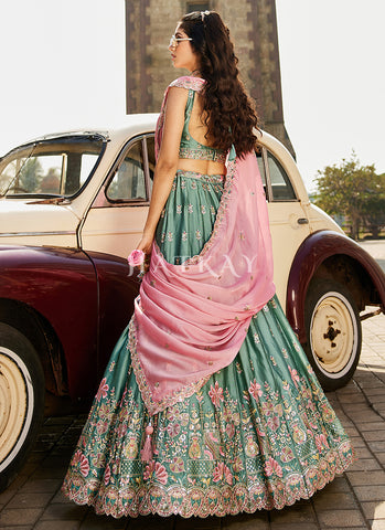 Green And Pink Multi Embroidery Lehenga Choli