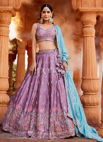 Lavender And Blue Multi Embroidery Lehenga Choli