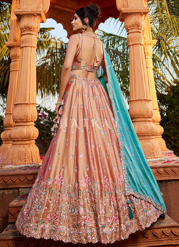 Nude And Teal Multi Embroidery Lehenga Choli