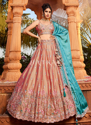 Nude And Teal Multi Embroidery Lehenga Choli