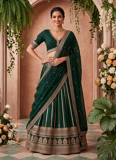 Dark Green Reshamkari Embroidery Silk Lehenga Choli