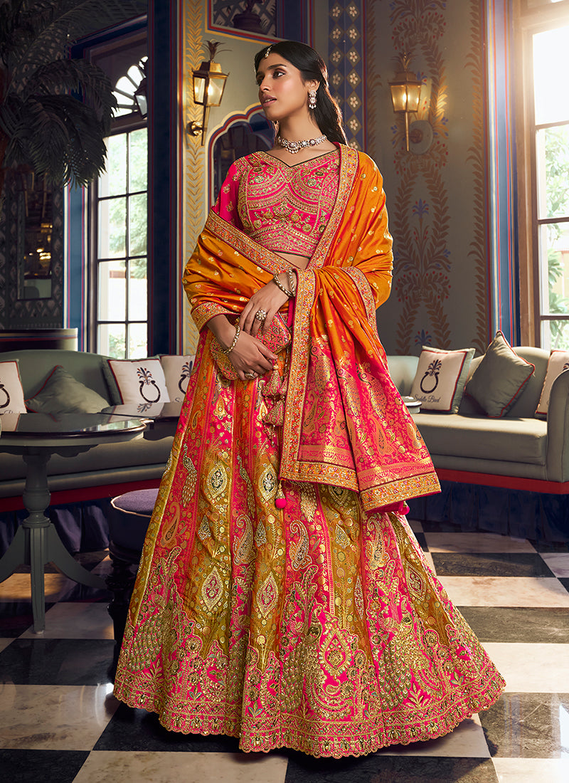 Designer Pink Green Silk Lahenda Choli
