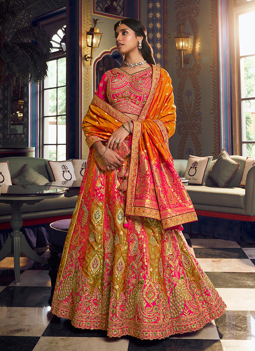 Designer Pink Green Silk Lahenda Choli