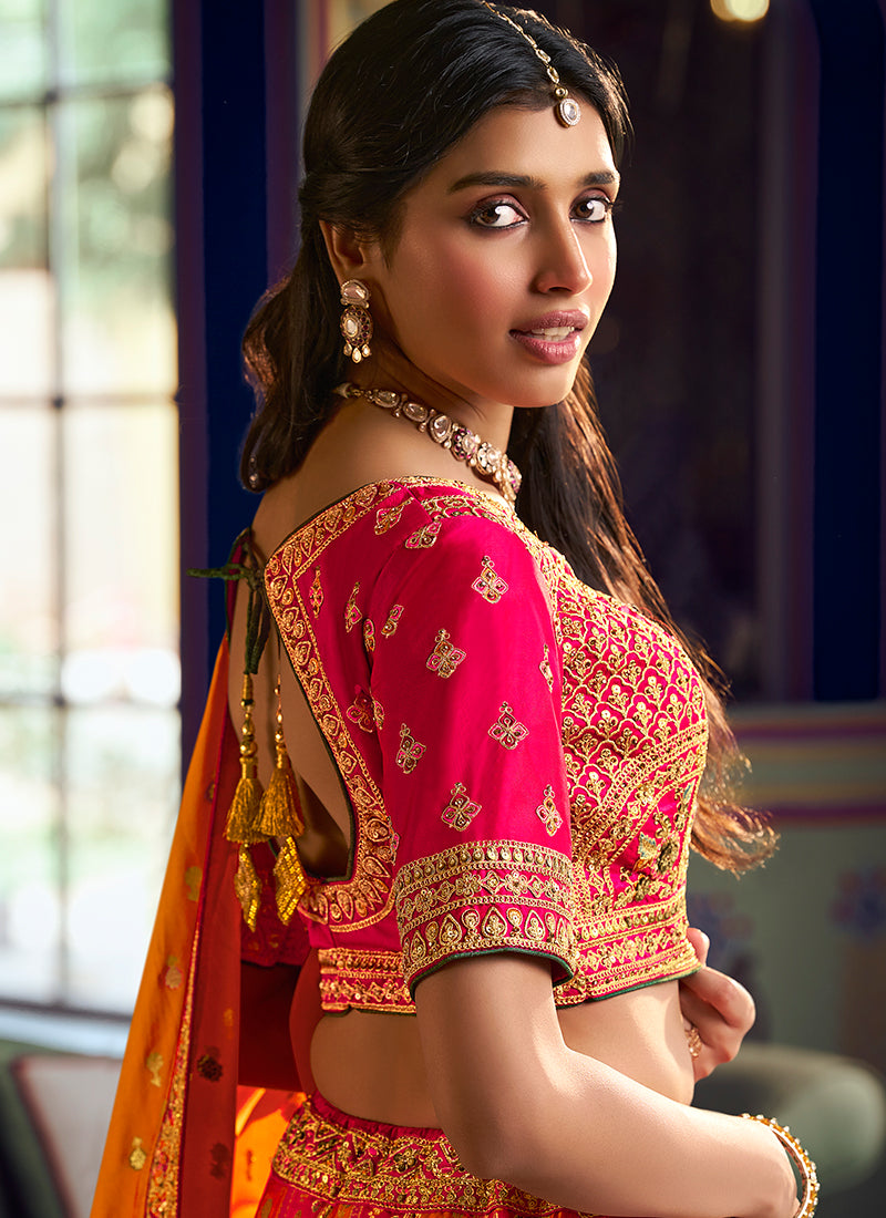 Buy Pink And Green Silk Lehenga Choli In USA