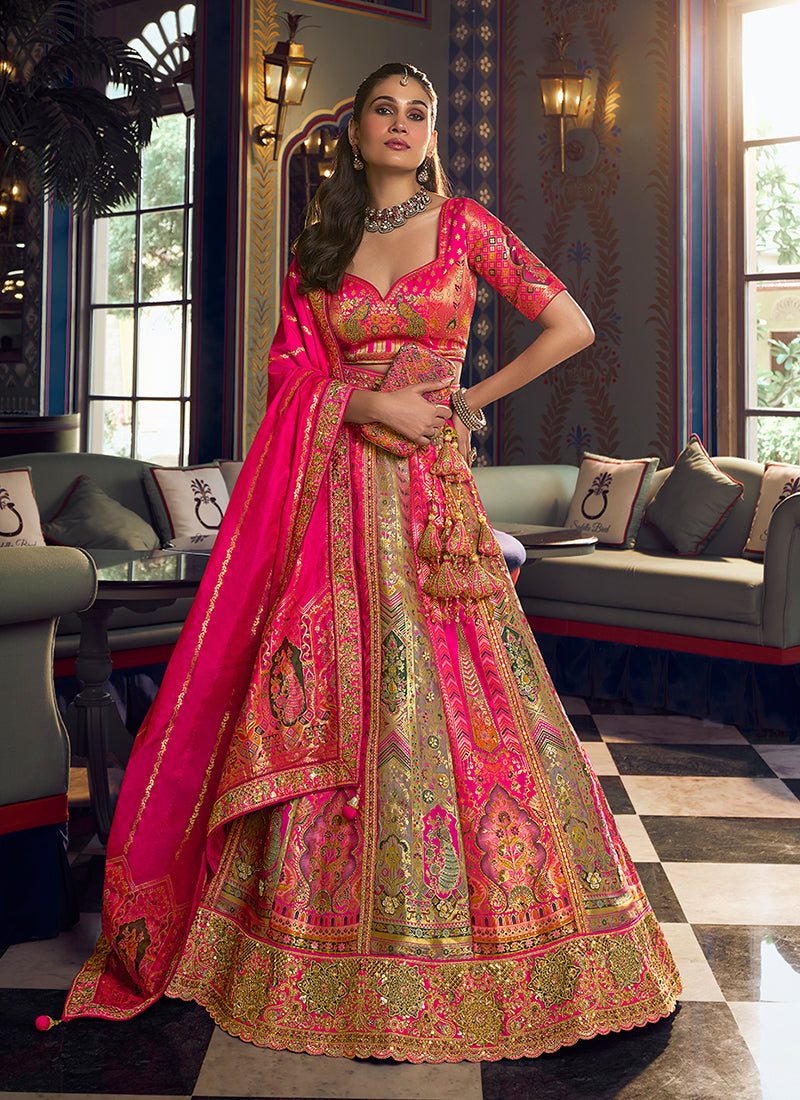 Hot Pink Embroidered Silk Lehenga Choli