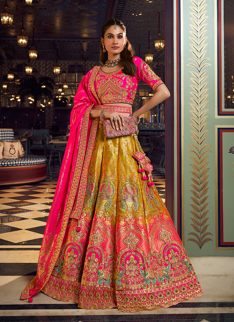 Pink And Yellow Ombré Embroidered Silk Lehenga Choli