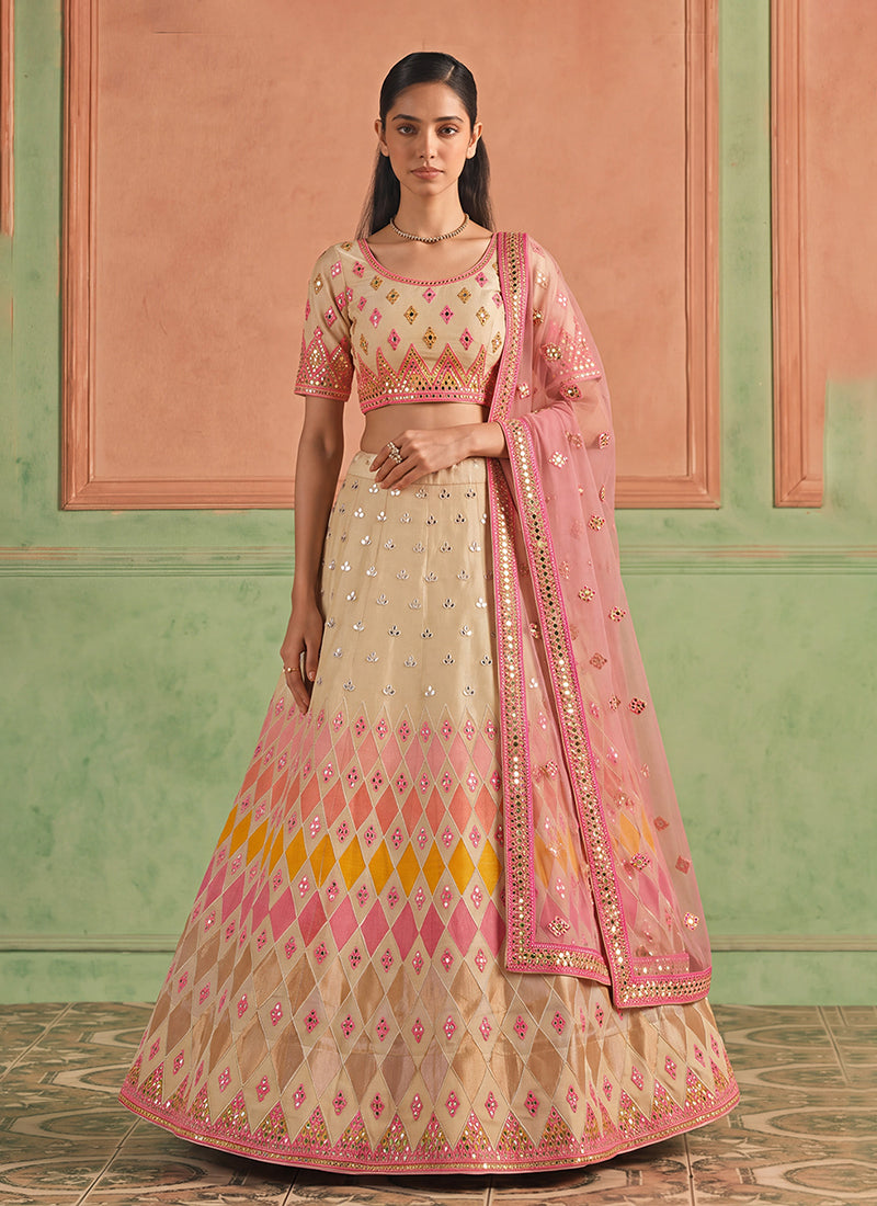 Beige And Pink Embroidered Organza Silk Lehenga Choli