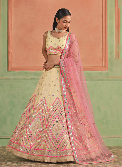 Off White And Pink Embroidered Organza Silk Lehenga Choli