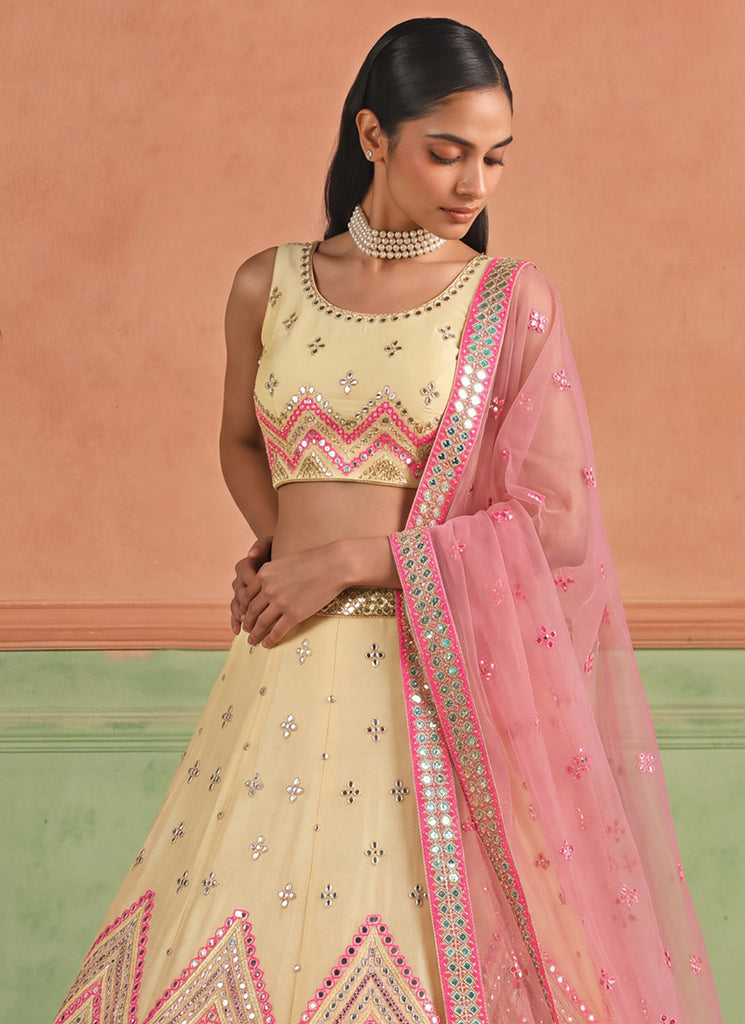 Off White And Pink Embroidered Organza Silk Lehenga Choli