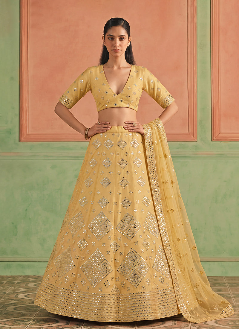Golden Yellow Embroidered Organza Silk Lehenga Choli
