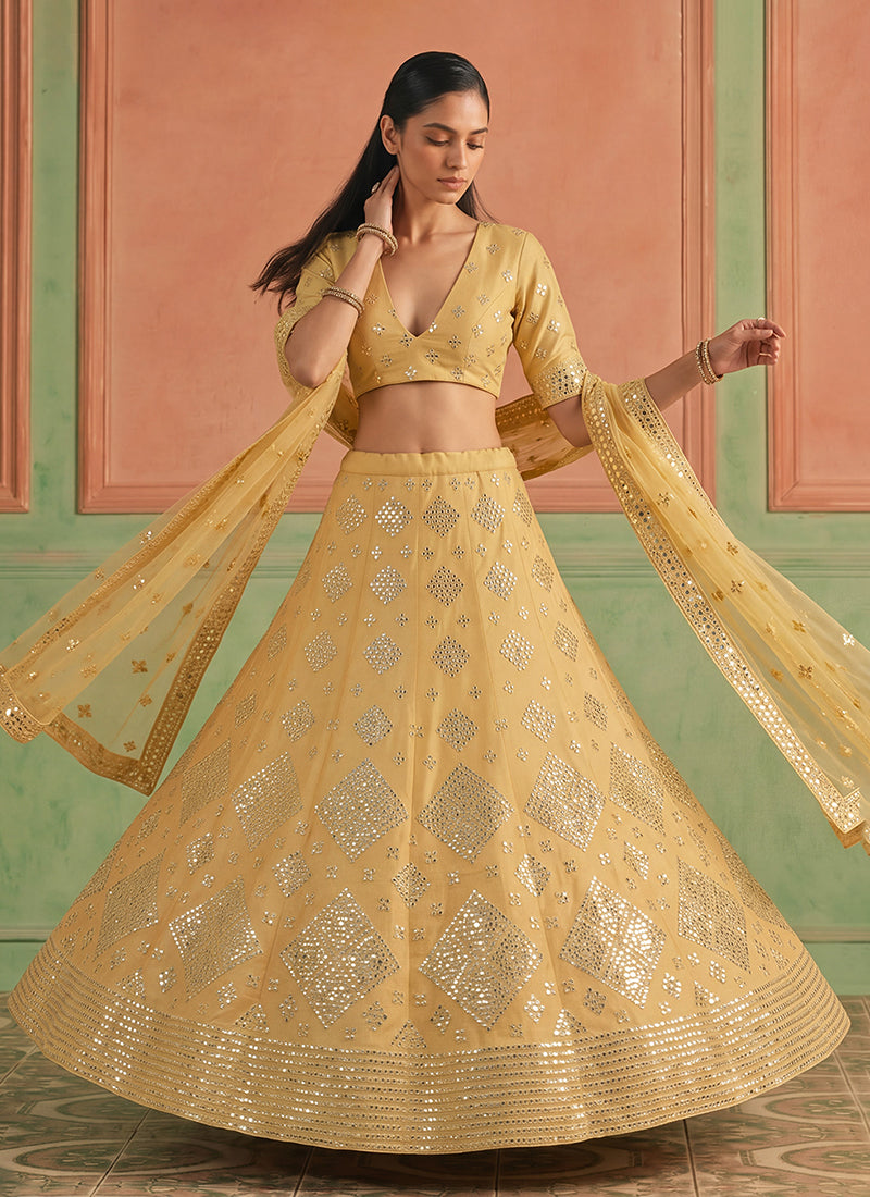 Golden Yellow Embroidered Organza Silk Lehenga Choli