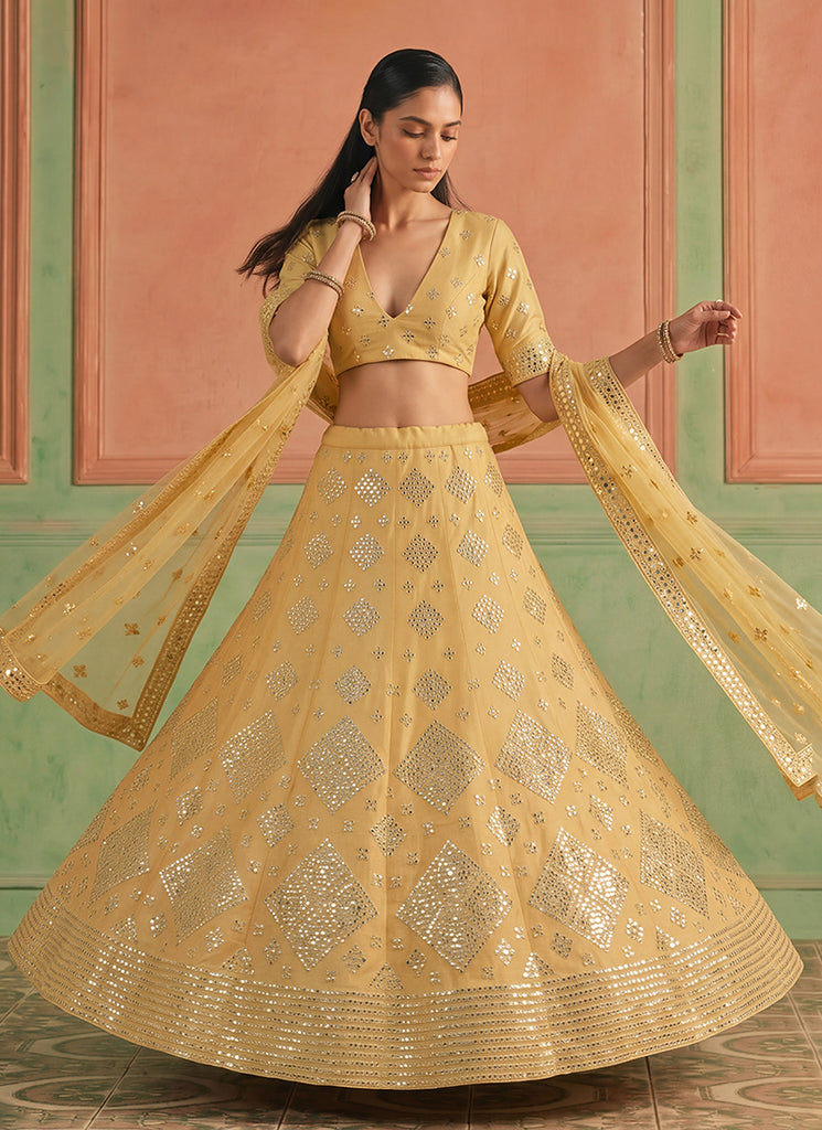 Golden Yellow Embroidered Organza Silk Lehenga Choli