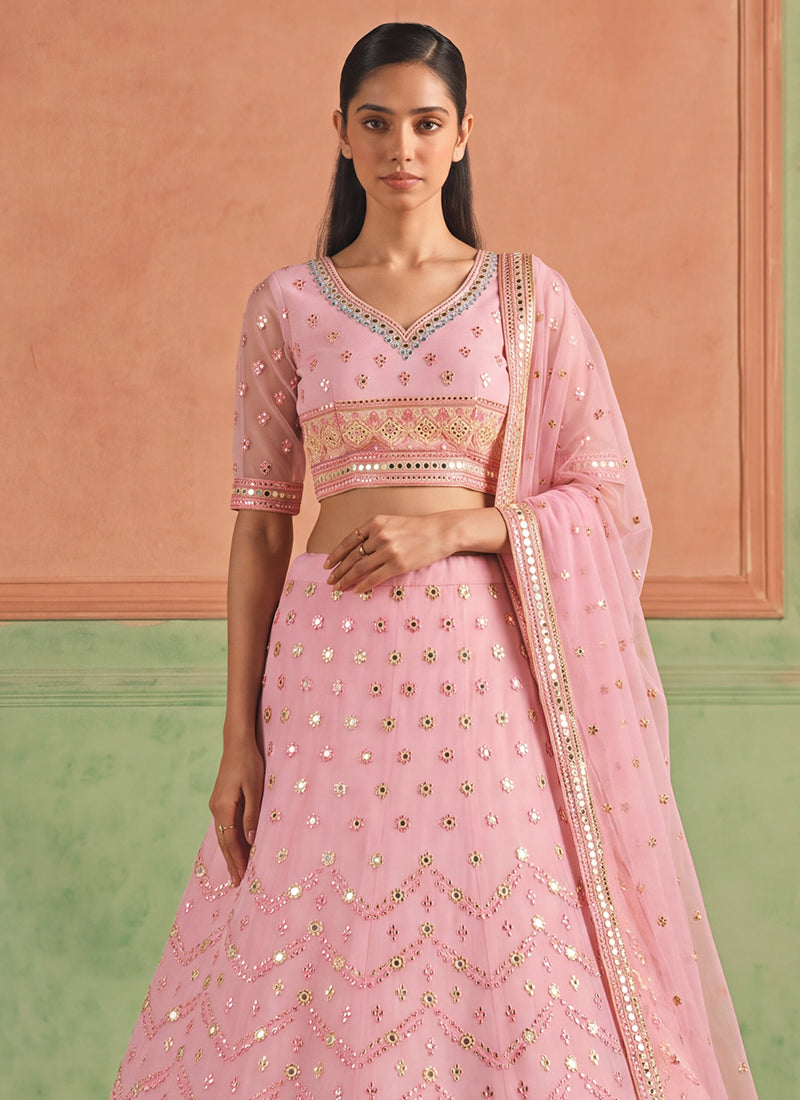 Blush Pink Embroidered Organza Silk Lehenga Choli