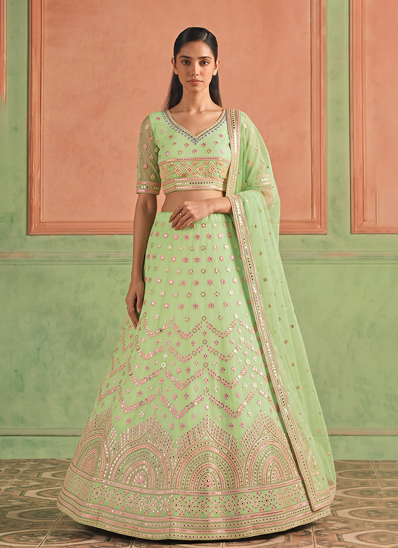 Pista Green Embroidered Organza Silk Lehenga Choli
