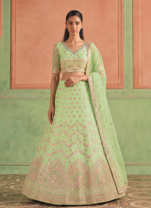 Pista Green Embroidered Organza Silk Lehenga Choli