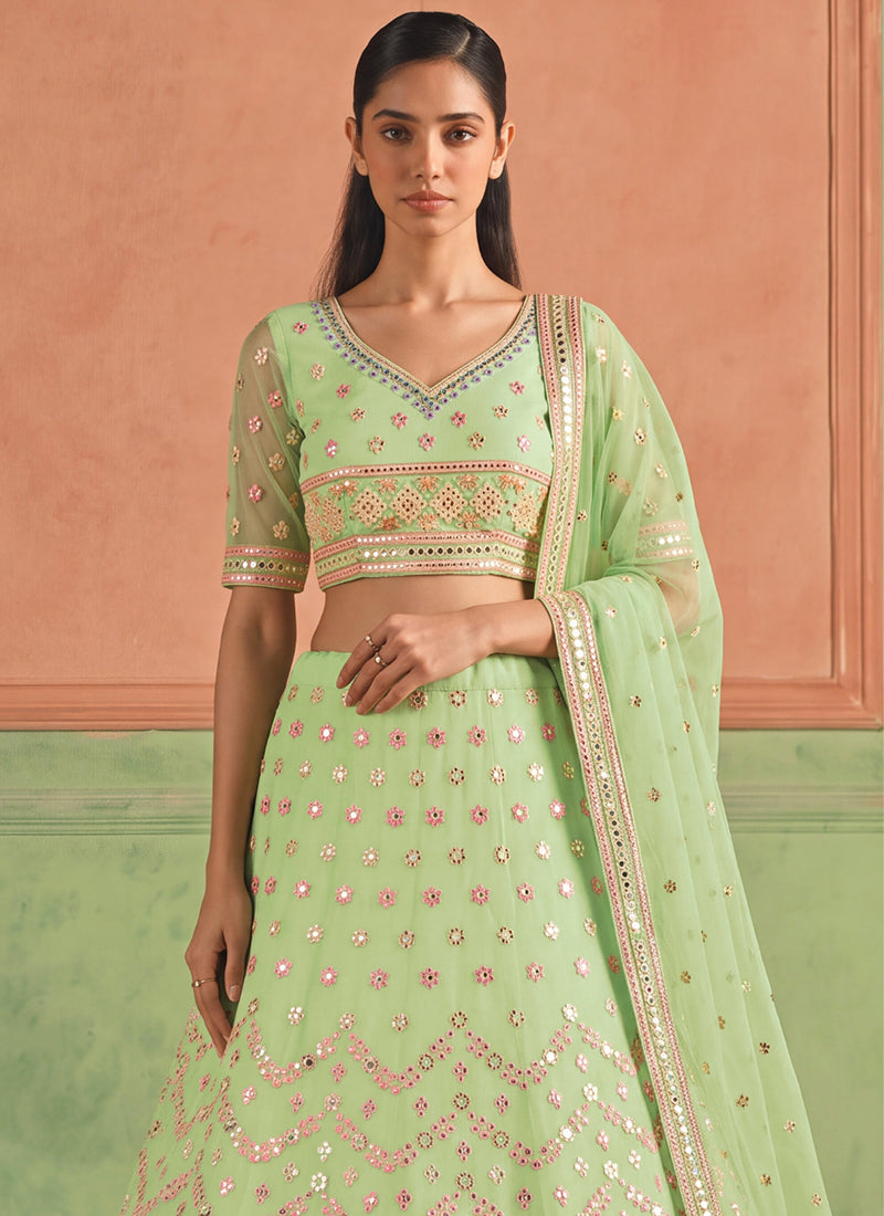 Pista Green Embroidered Organza Silk Lehenga Choli
