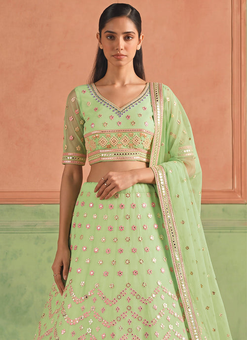 Pista Green Embroidered Organza Silk Lehenga Choli