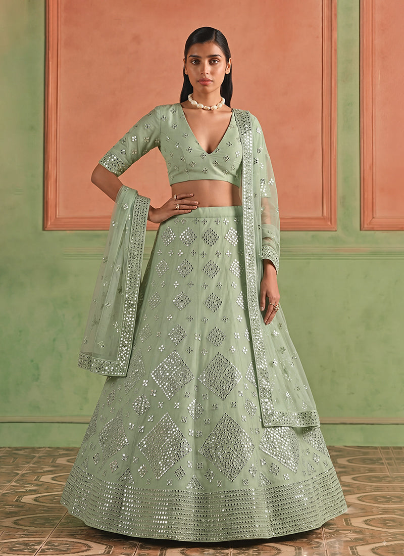 Mint Green Embroidered Organza Silk Lehenga Choli