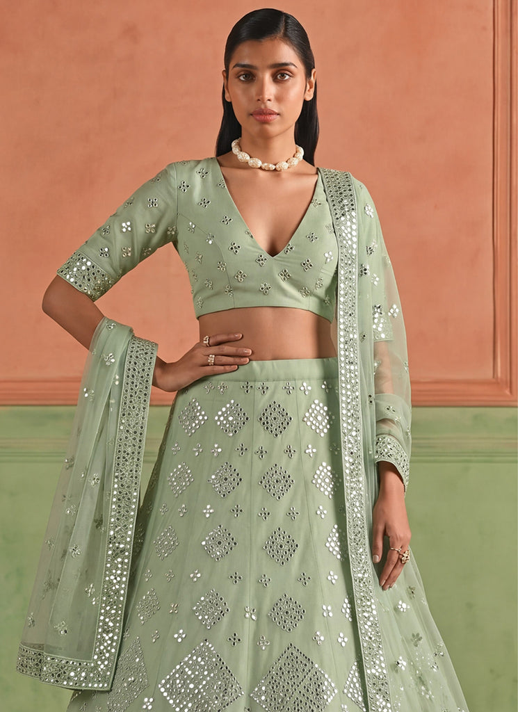 Mint Green Embroidered Organza Silk Lehenga Choli