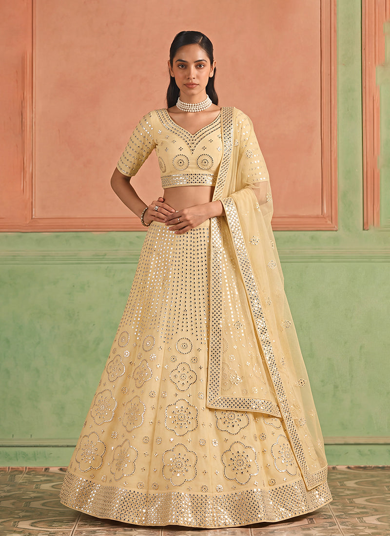 Mist Yellow Embroidered Organza Silk Lehenga Choli