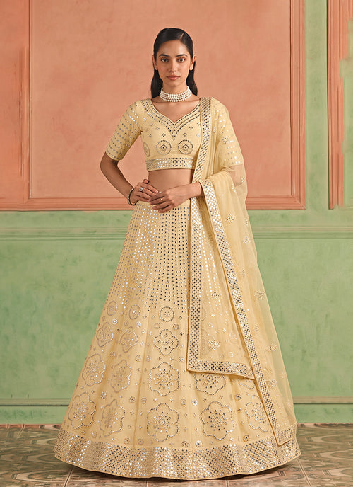 Mist Yellow Embroidered Organza Silk Lehenga Choli
