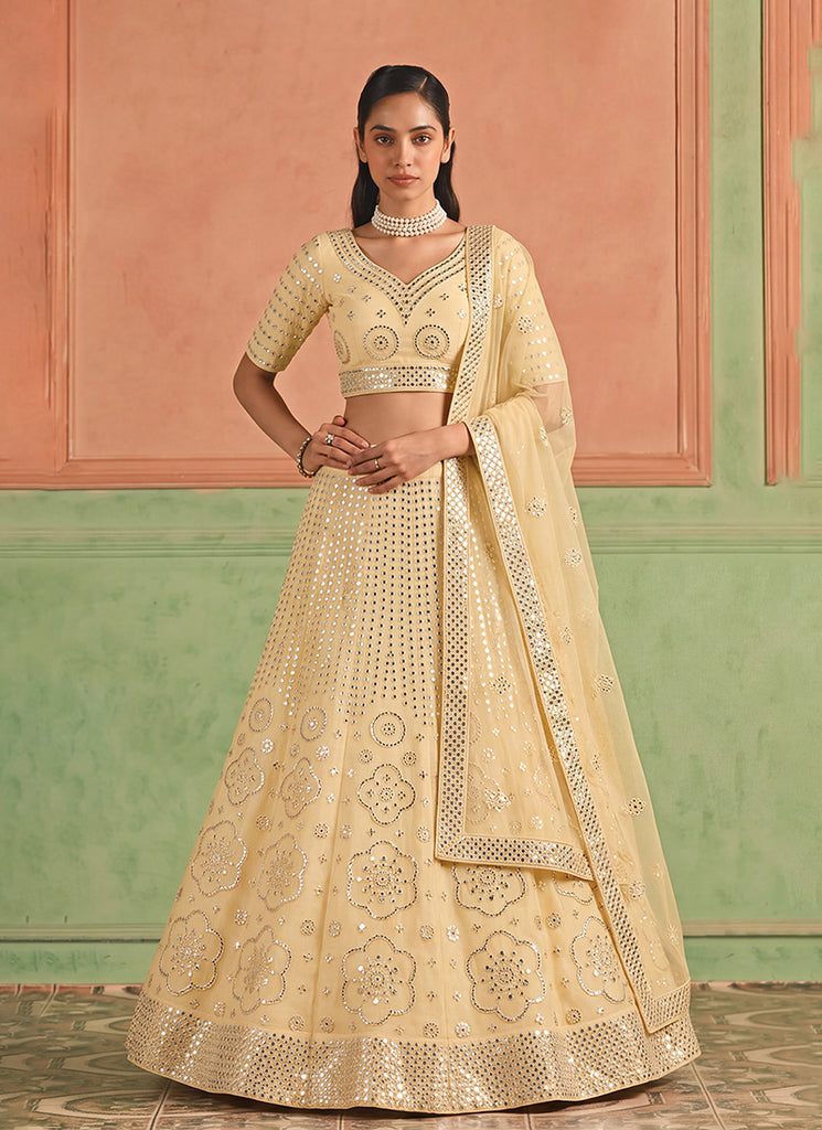 Mist Yellow Embroidered Organza Silk Lehenga Choli