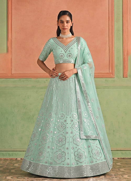Sea Green Embroidered Organza Silk Lehenga Choli