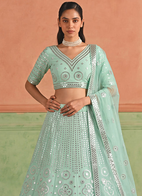 Sea Green Embroidered Organza Silk Lehenga Choli