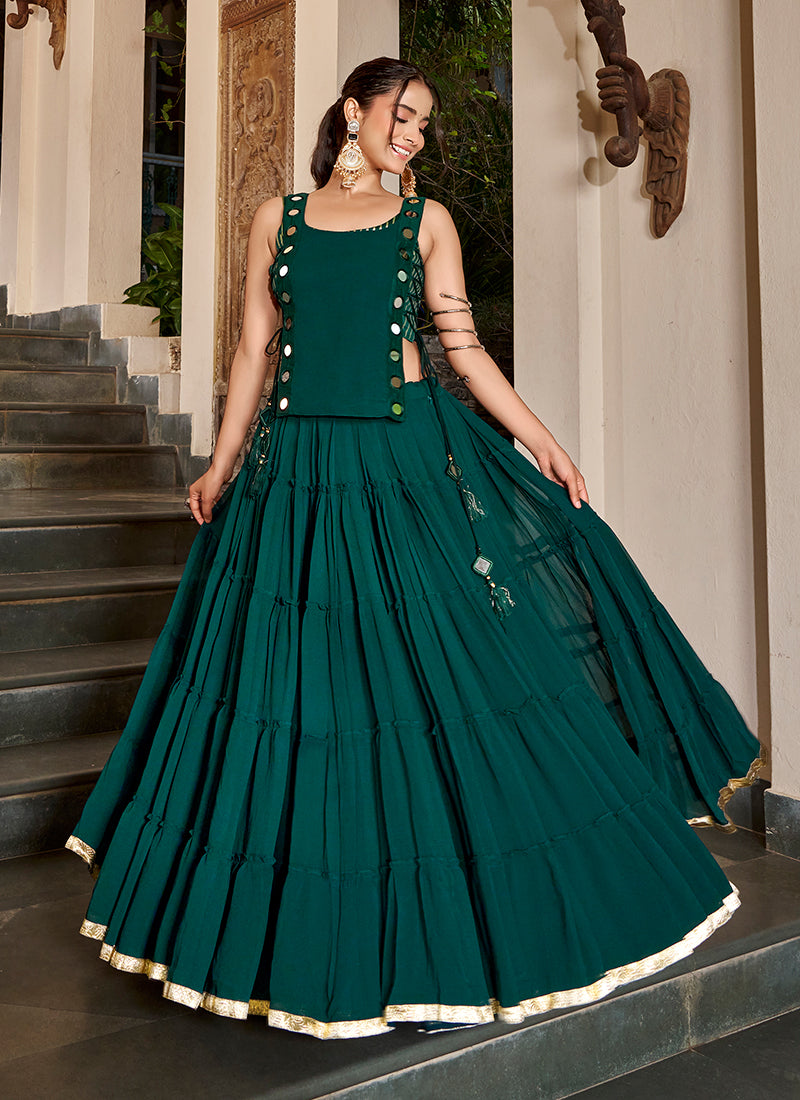 Teal Green Mirror Embroidered Lehenga Choli With Koti