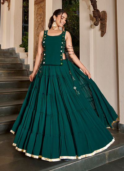 Teal Green Mirror Embroidered Lehenga Choli With Koti