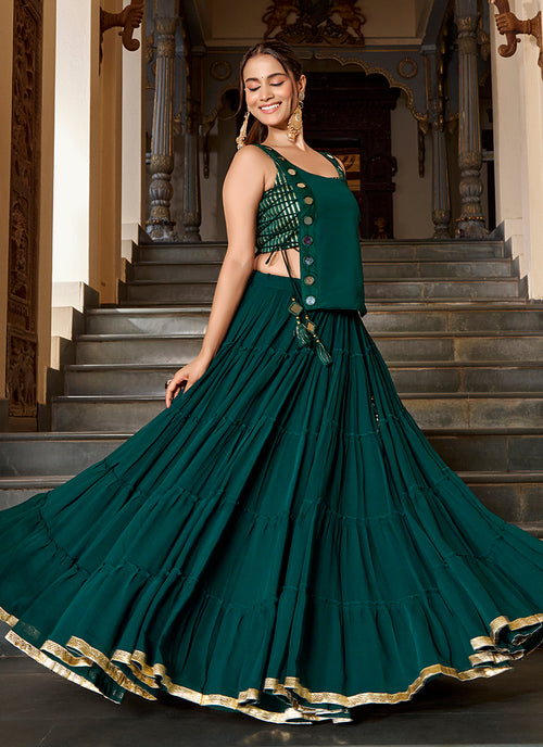 Teal Green Mirror Embroidered Lehenga Choli With Koti