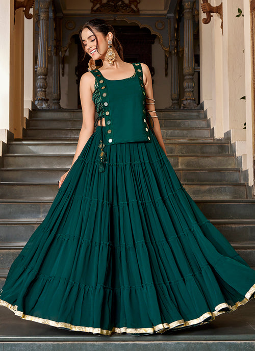Teal Green Mirror Embroidered Lehenga Choli With Koti