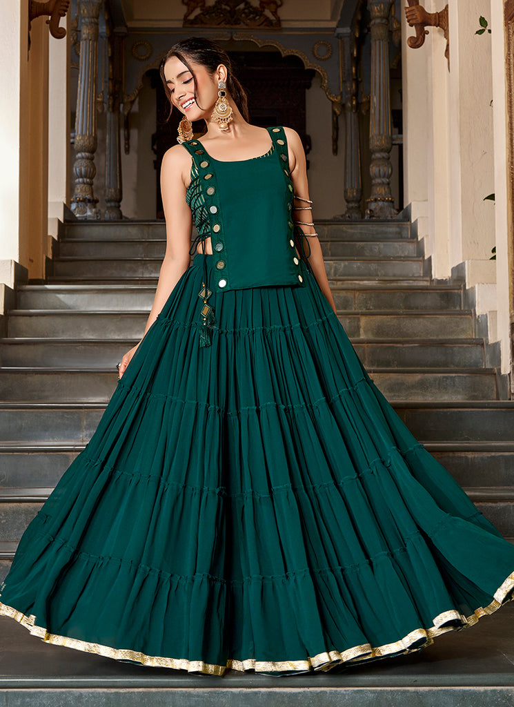 Teal Green Mirror Embroidered Lehenga Choli With Koti