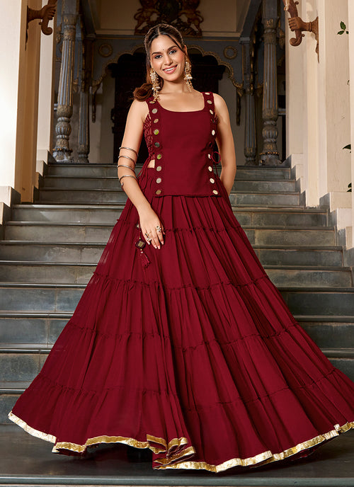 Maroon Mirror Embroidered Lehenga Choli With Koti