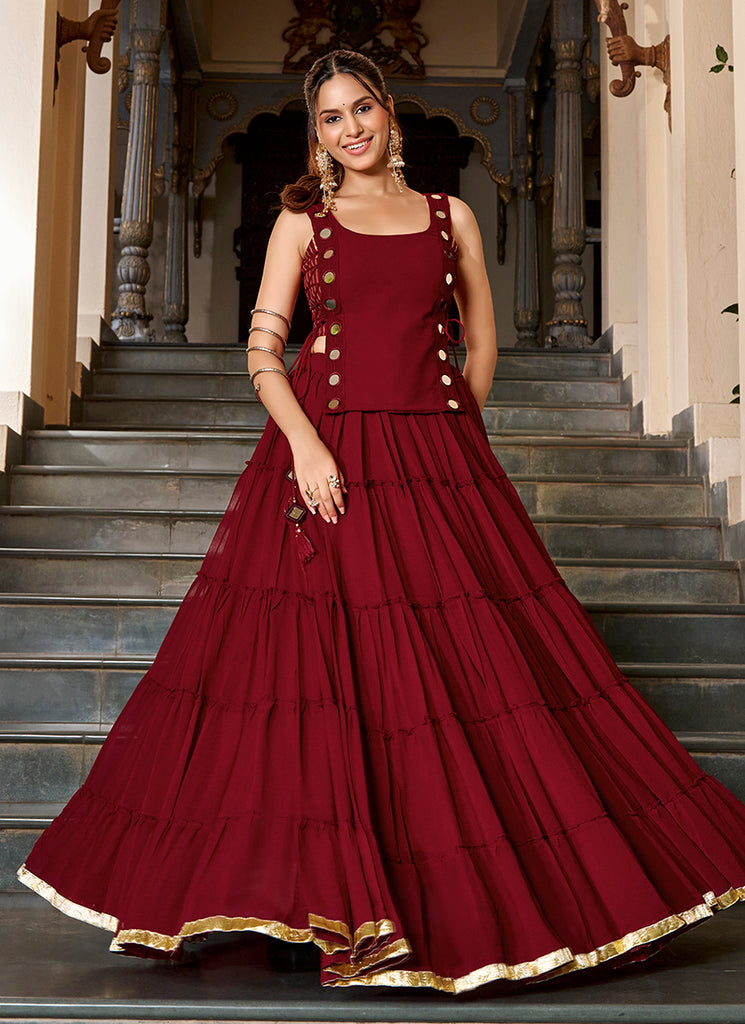 Maroon Mirror Embroidered Lehenga Choli With Koti