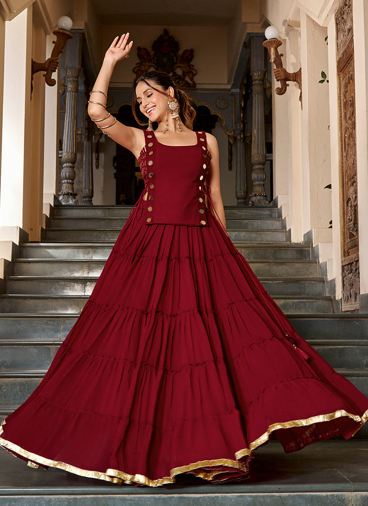 Maroon Mirror Embroidered Lehenga Choli With Koti