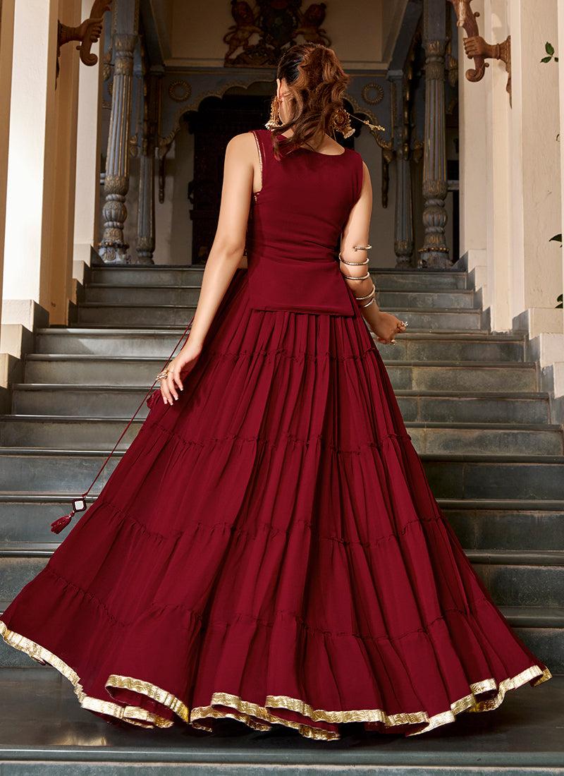 Maroon Mirror Embroidered Lehenga Choli With Koti
