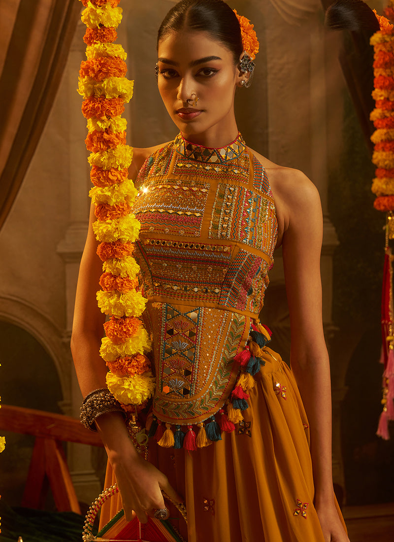 Mustard Yellow Embroidered Georgette Lehenga Choli