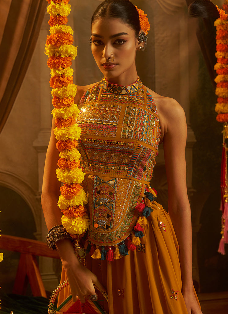 Mustard Yellow Embroidered Georgette Lehenga Choli