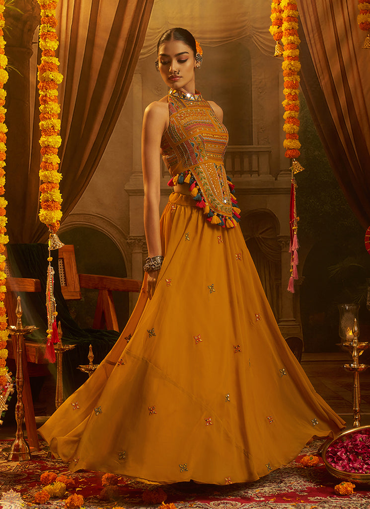 Mustard Yellow Embroidered Georgette Lehenga Choli