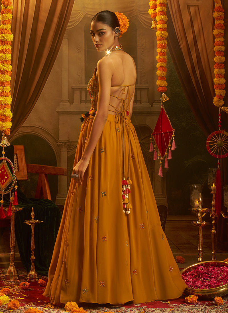 Mustard Yellow Embroidered Georgette Lehenga Choli