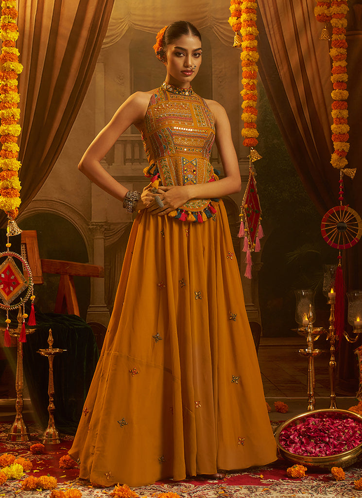 Mustard Yellow Embroidered Georgette Lehenga Choli