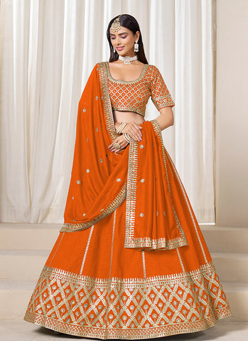 Orange Embroidered Silk Wedding Lehenga Choli