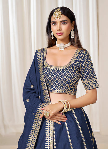Blue Embroidered Silk Wedding Lehenga Choli