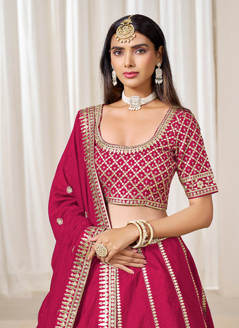 Magenta Embroidered Silk Wedding Lehenga Choli