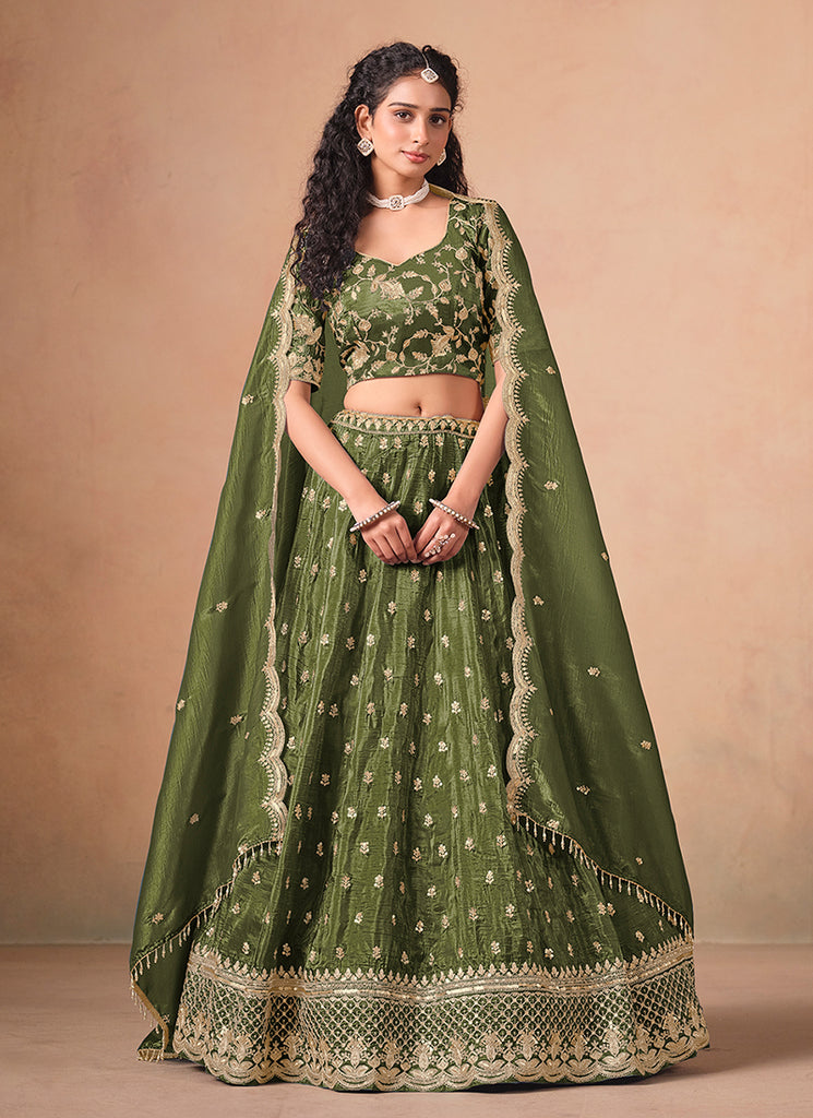 Olive Green Reshamkari Embroidery Wedding Lehenga Choli