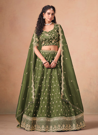 Olive Green Reshamkari Embroidery Wedding Lehenga Choli